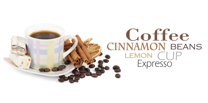 Cup of coffee with ingredients on a white background