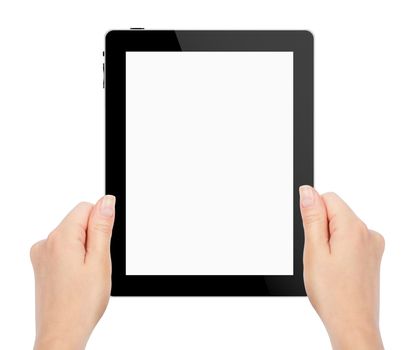 female hands holding a tablet touch computer gadget with isolated screen