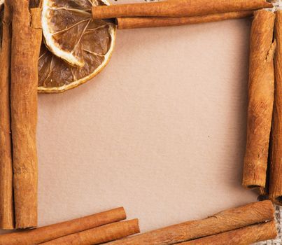 old paper for recipes and spices on burlap closeup