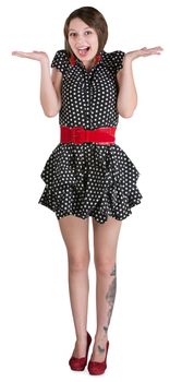 Happy white female in mini skirt with palms up