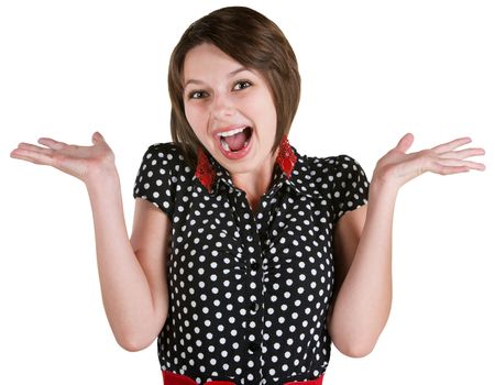 Single excited young white woman in polka dot dress