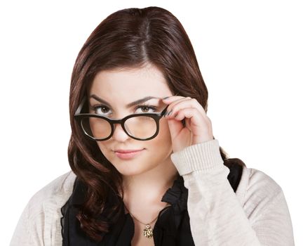 Isolated clever woman in sweater holding eyeglasses