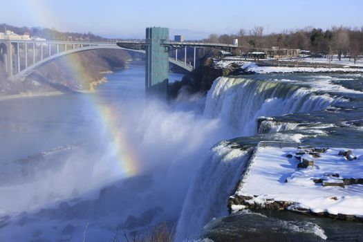 Niagara Falls and Rainbow Bridge in winter, New York, USA