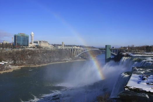 Niagara Falls and Rainbow Bridge in winter, New York, USA