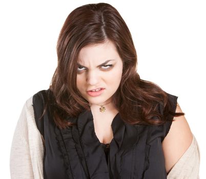 Disturbed Caucasian female in white sweater on isolated background