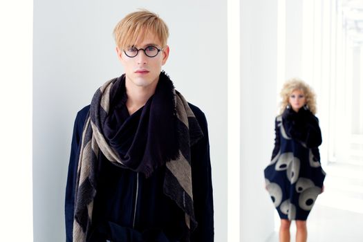 classic modern student man with fashion woman in modern white indoor