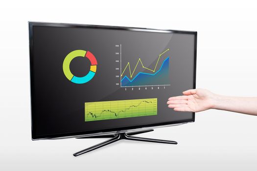 Business success growth chart. Hand showing modern TV screen