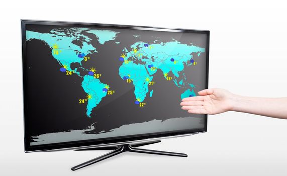 Hand showing weather forecast on modern TV screen