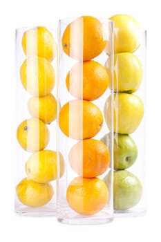 Group of fruit in glass: Oranges, Lemons, Appless