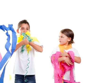 two children kids in a party with messy colorful paper ribbon