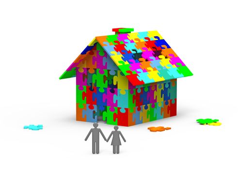 House built out of colorful puzzle pieces, 3d render