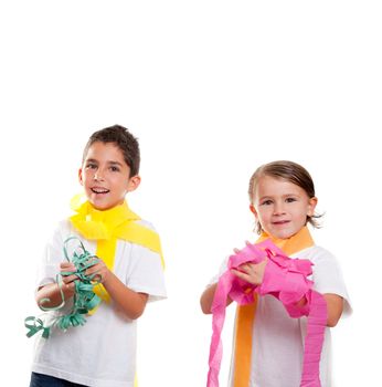 two children kids in a party with messy colorful paper ribbon