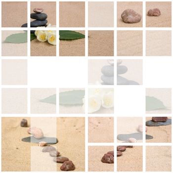 Collage of jasmine and stones on a sand