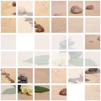 Collage of jasmine and stones on a sand