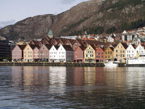 Bryggen in Bergen Norway seen across harbour