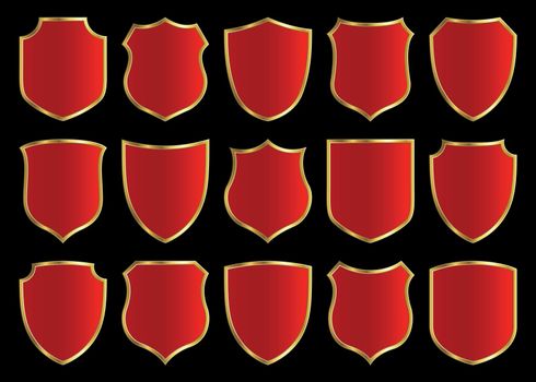 red shield with gloden border; design set with various shapes