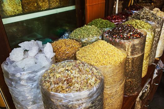 dried herbs flowers spices in the street shop