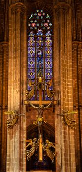 Golden Cross Angels Altar Stained Glass Gothic Catholic Barcelona Cathedral Basilica Catalonia, Barcelona, Spain.  Cathedral built in 1298.