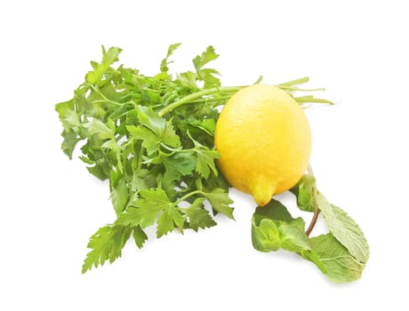 Lemon, parsley and mint on a white background