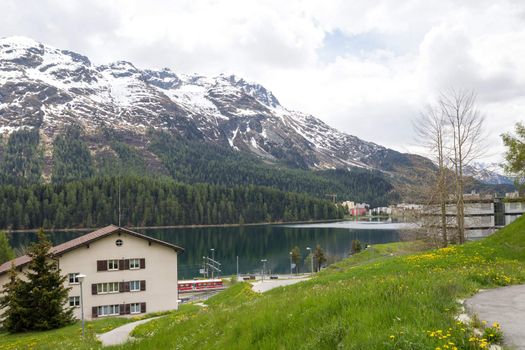 Lake and the city of St. Moritz, Switzerland