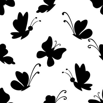 Seamless background, black silhouettes various butterflies on white