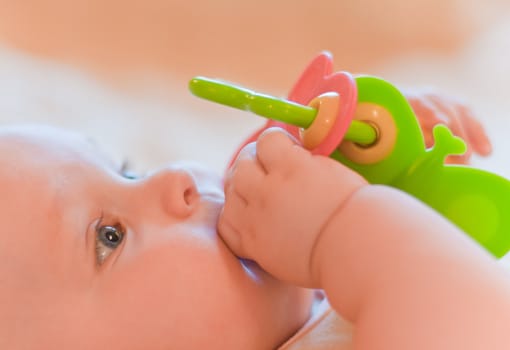 Closeup portrait of baby playing with toy