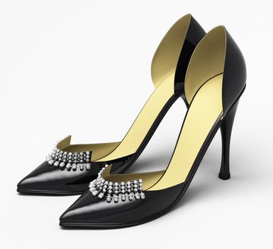 Black patent leather women's high heels closeup on a light background