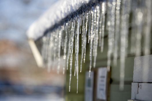 Icicles in a row with selective focus