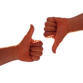 men's hands make thumbs up and down