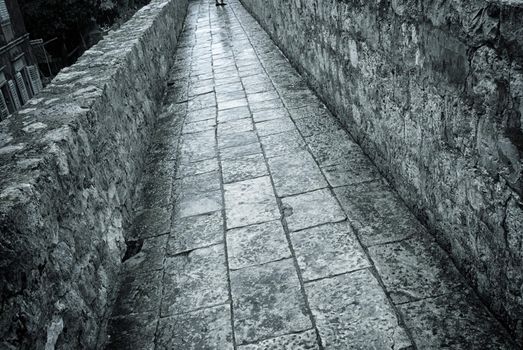 Closeup of the town wall of Dubrovnik, Croatia in rain.