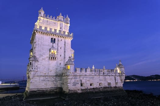 famous Tower of Belem by night. Lisbon, Portugal. 