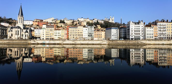 panoramic view of Lyon and Saone River in France 