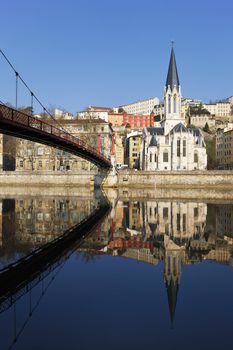 vertical view of Lyon and Saone River in France 