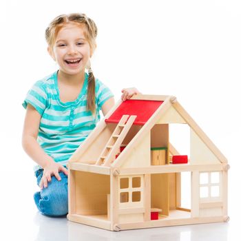 girl with a toy house oveCa white background