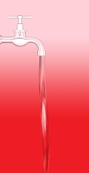 a water tap with realistic flowing water, on a red background
