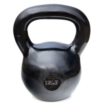 black shiny 35 lb iron kettlebell for weightlifting and fitness  training isolated on white