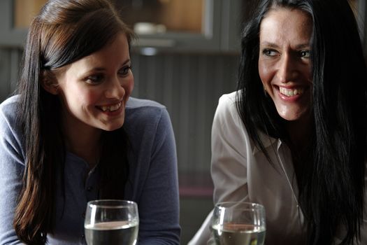 Two attractive young friends laughing and drinking wine in their kitchen.