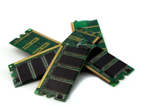 a heap of broken computer-memory on a white background