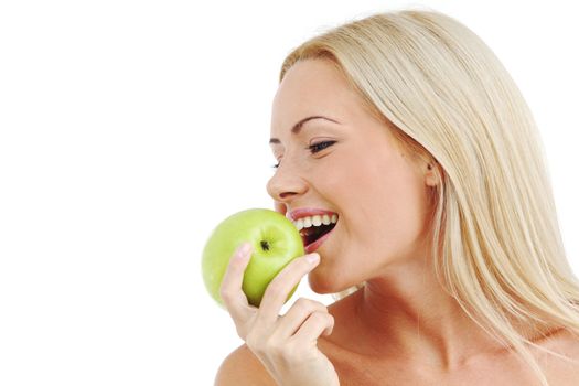 blond woman eat green apple on white