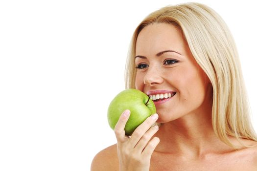 blond woman eat green apple on white