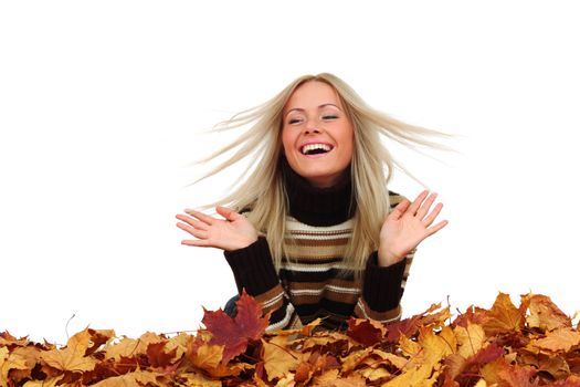  studio portrait of autumn woman in  yellow leaves