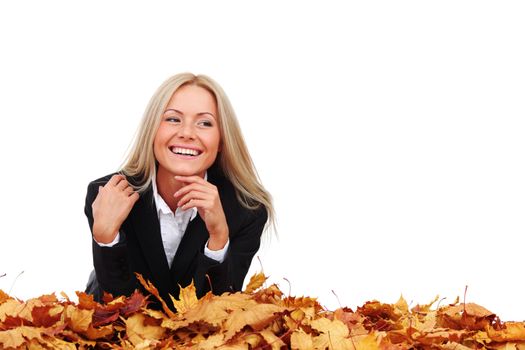 studio portrait of autumn business woman in  yellow leaves