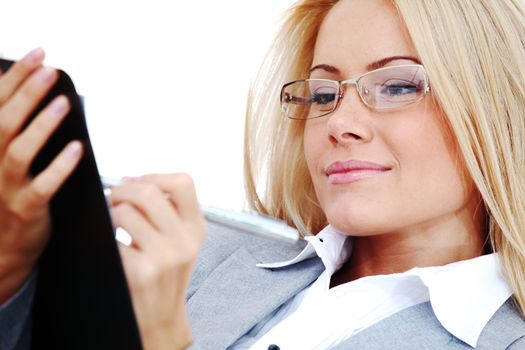 business woman hold a folder of papers  and write