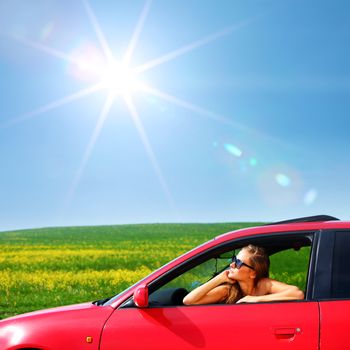 woman in red car get out window