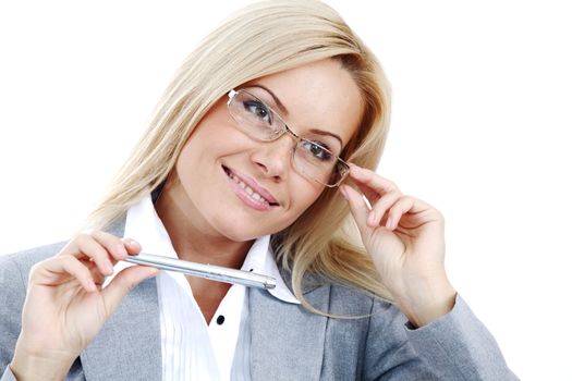 business woman in glasses on white background pen in hands
