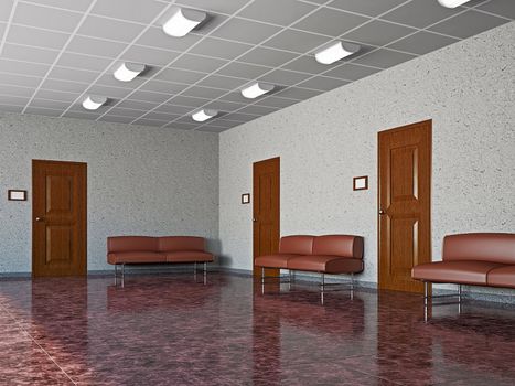 Hall with leather sofas and marble floor