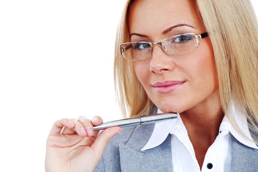 business woman in glasses on white background pen in hands