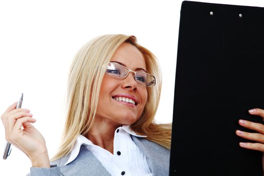 business woman hold a folder of papers  and write