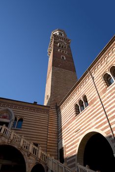 Bottom view - Ragione palace and Lamberti Tower - Verona Italy

