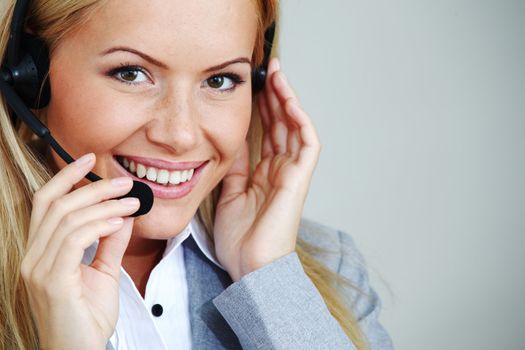 woman call with headset close portrait